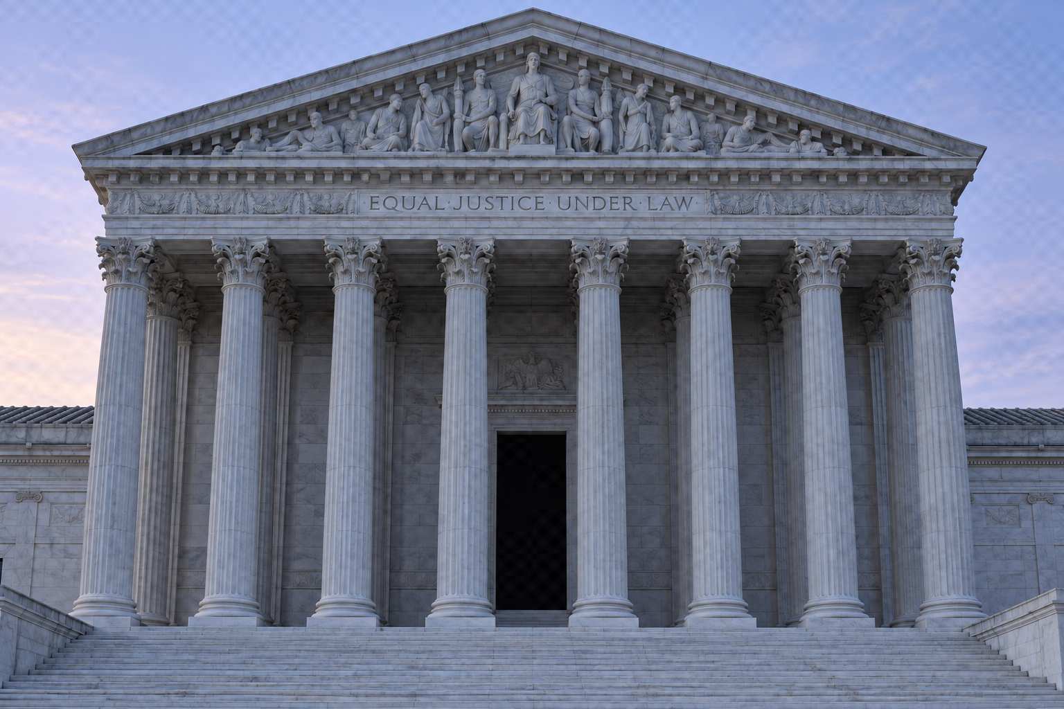 The Supreme Court's columned west portico and stone inscription: Equal Justice Under Law.
